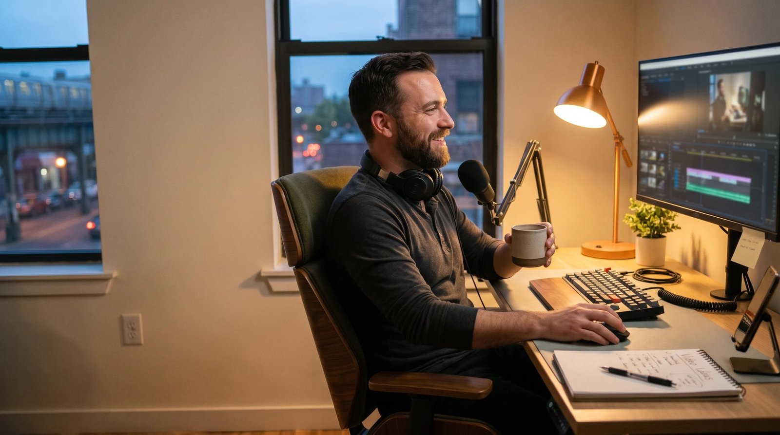 A smiling video editor with headphones around his neck holding a mug at a desk with a microphone and an editing timeline on screen, with a train on raised tracks outside the window at dusk