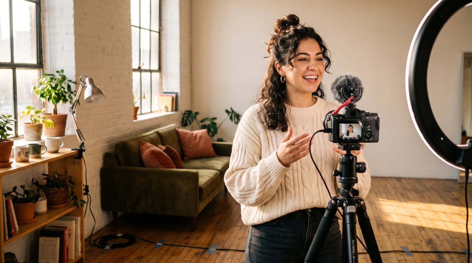 A smiling woman in a cream sweater talking to a camera on a tripod beside a ring light in a sunny loft with a green sofa and plants