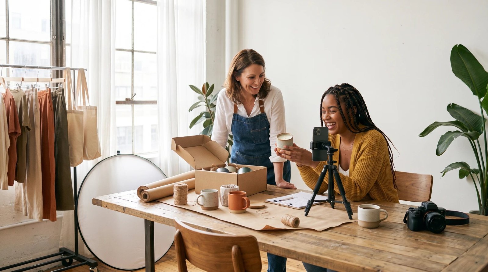Two smiling women in a sunlit studio filming a handmade candle with a phone on a tripod, with a packing box, mugs, and a rack of clothes around them